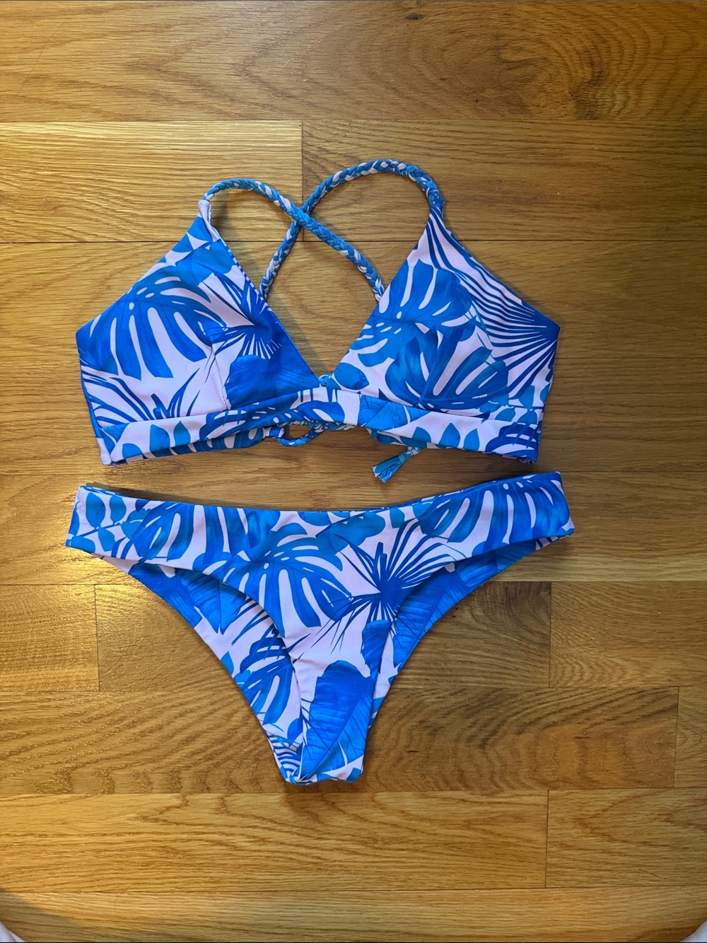 Blue Tropical Leaf Print Bikini Set
